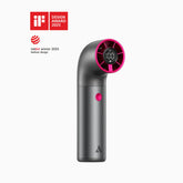 Handheld fan with pink accents on a white background, featuring design awards logos.
