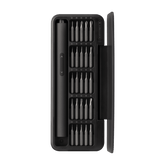 Black screwdriver set with multiple bits in a clear case on a white background