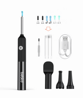 Black handheld ear cleaning tool with various attachments and a USB cable on a white background