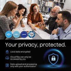 Group of people discussing in a meeting with Plaud privacy protection features displayed.