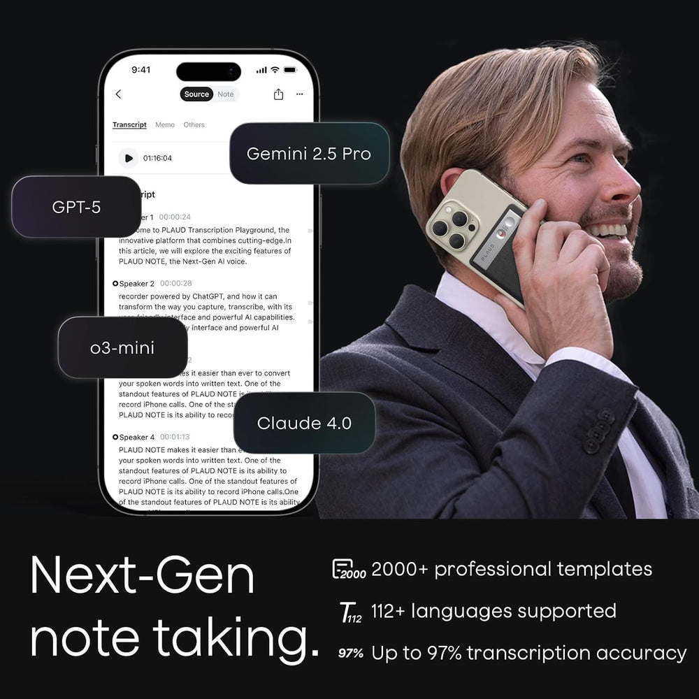 Person using a smartphone with Plaud, featuring various AI models, on a black background.