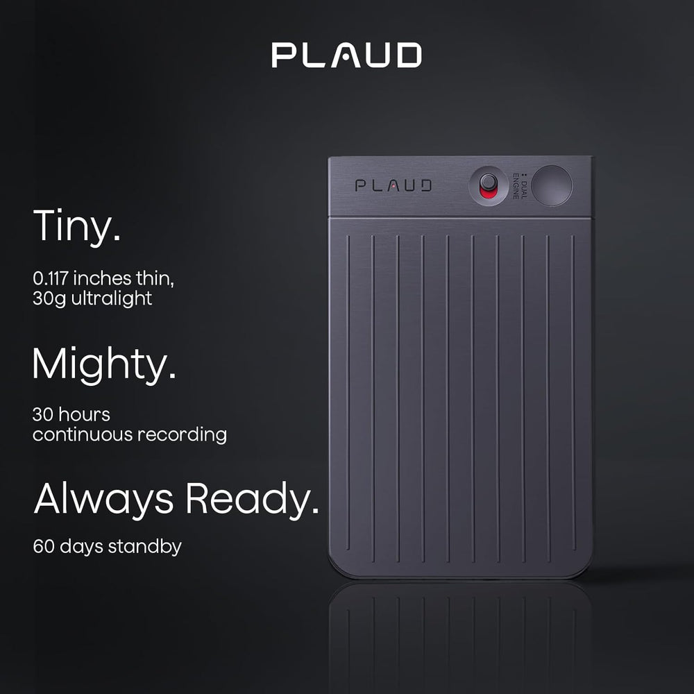 Plaud device with features highlighted on a dark background