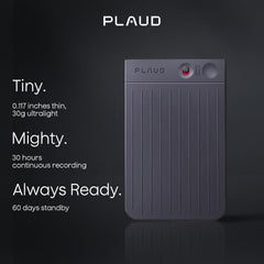 Plaud device with features highlighted on a dark background