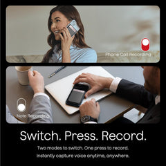 Two scenes showing a phone call and note-taking with text indicating recording capabilities for Plaud Note device