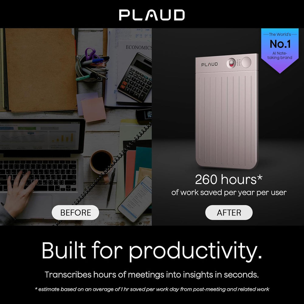 Advertisement for Plaud product showing a before-and-after scenario with productivity gains.