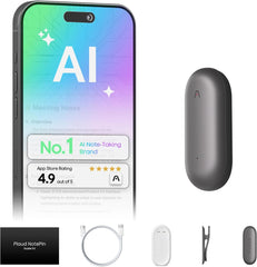 Smart device with app interface, Plaud NotePin, and accessories on a white background