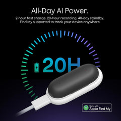 Plaud Notepin with charging cable and text about fast charging and power features