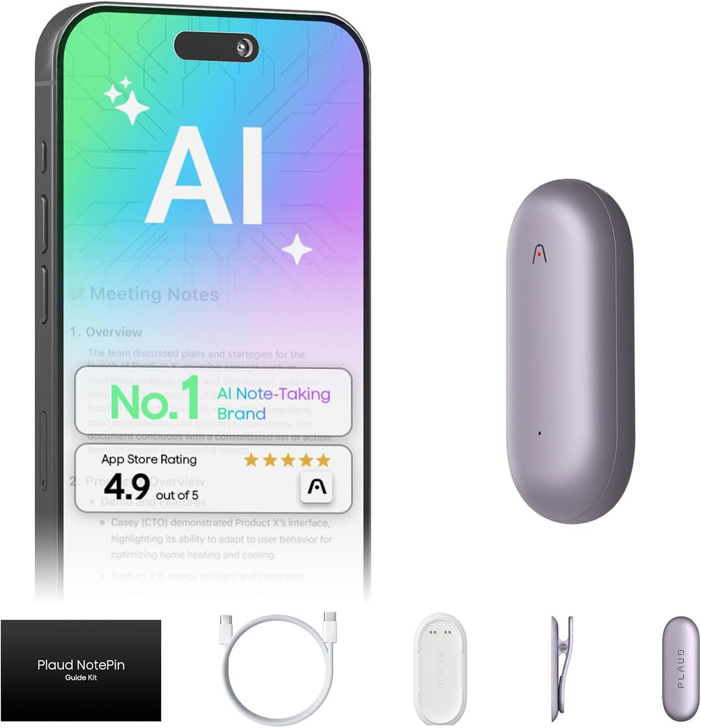 Plaud Smart device with 'AI' display and accessories with a 4.9 out of 5 rating