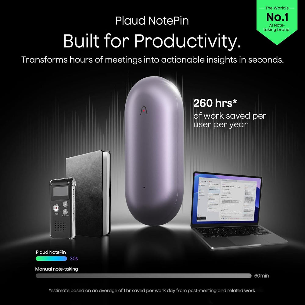 Plaud NotePin productivity device with laptop and other devices on a dark background