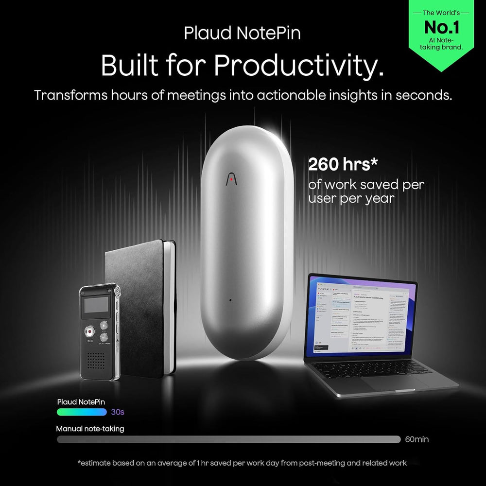 Plaud NotePin productivity device with laptop and smartphone on a dark background