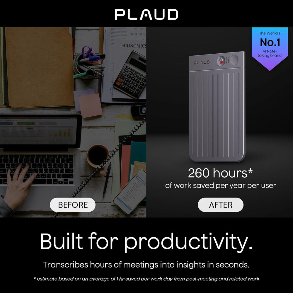 Advertisement for Plaud device showing productivity improvement before and after use.