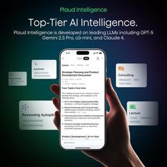 Hand holding a smartphone displaying AI application with Plaud Intelligence branding and text about top-tier AI intelligence.