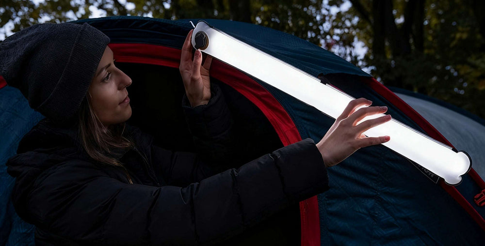 Person hanging a long white light tube on the tent