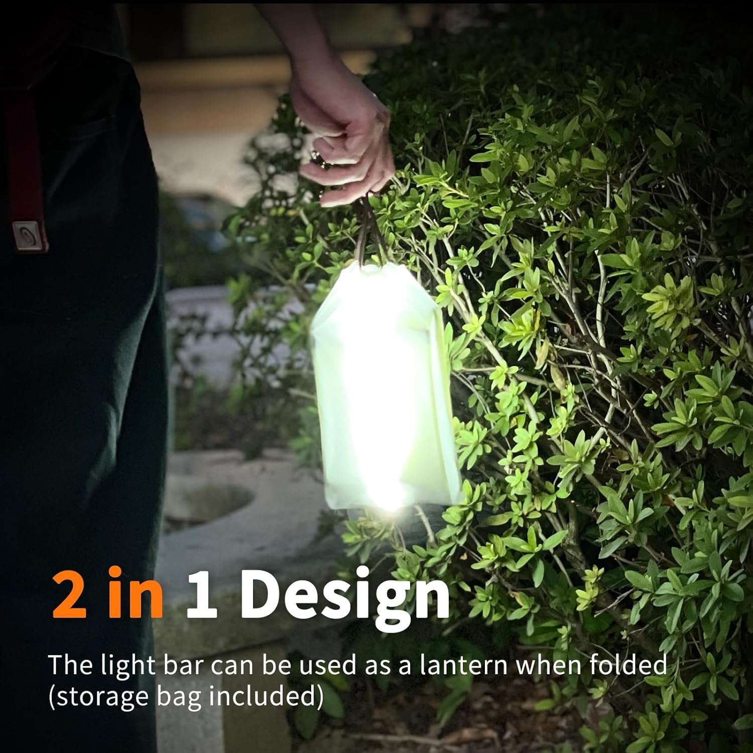 Light tube used as a lantern held by a person outdoors with text '2 in 1 Design' and 'storage bag included'.
