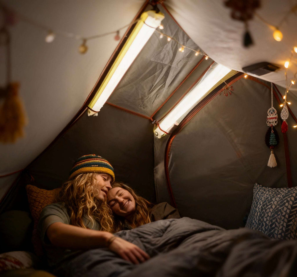 Two people lying inside a tent with light tube creating a cozy atmosphere.