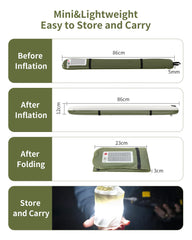 Comparison of inflatable light tube before, after inflation, and after folding with measurements and storage information.