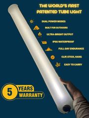 Tube light with features listed on a blue background