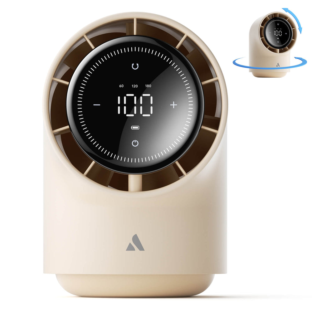 Beige air purifier with digital display on a white background
