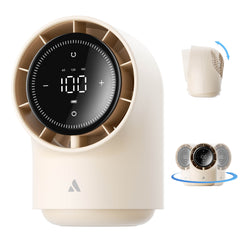 White electronic device with digital display and control buttons on a white background