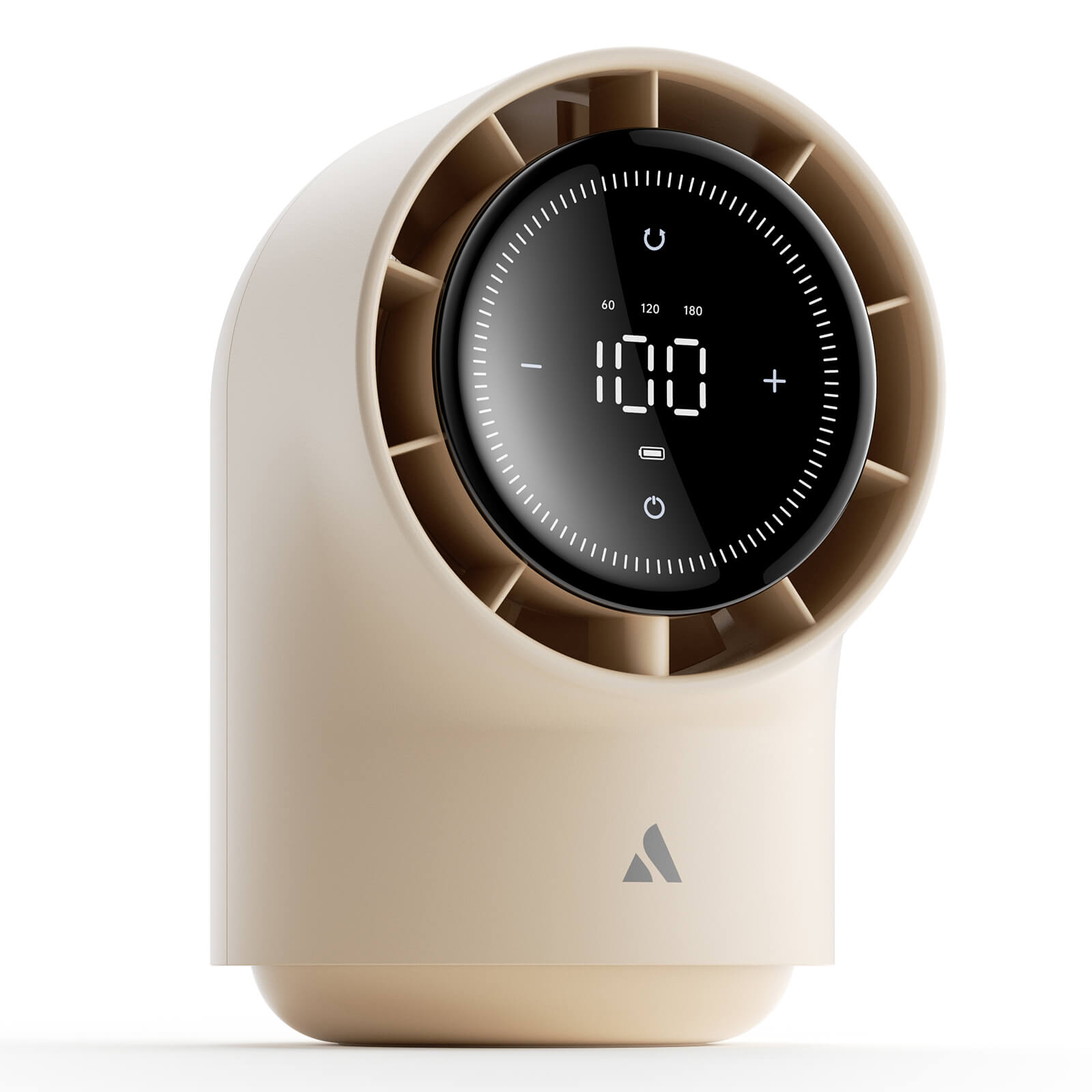 Beige air purifier with digital display on a white background