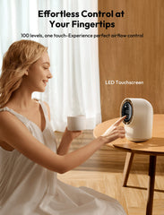 Woman using a white electronic device with LED touchscreen on a wooden table, with text about airflow control.