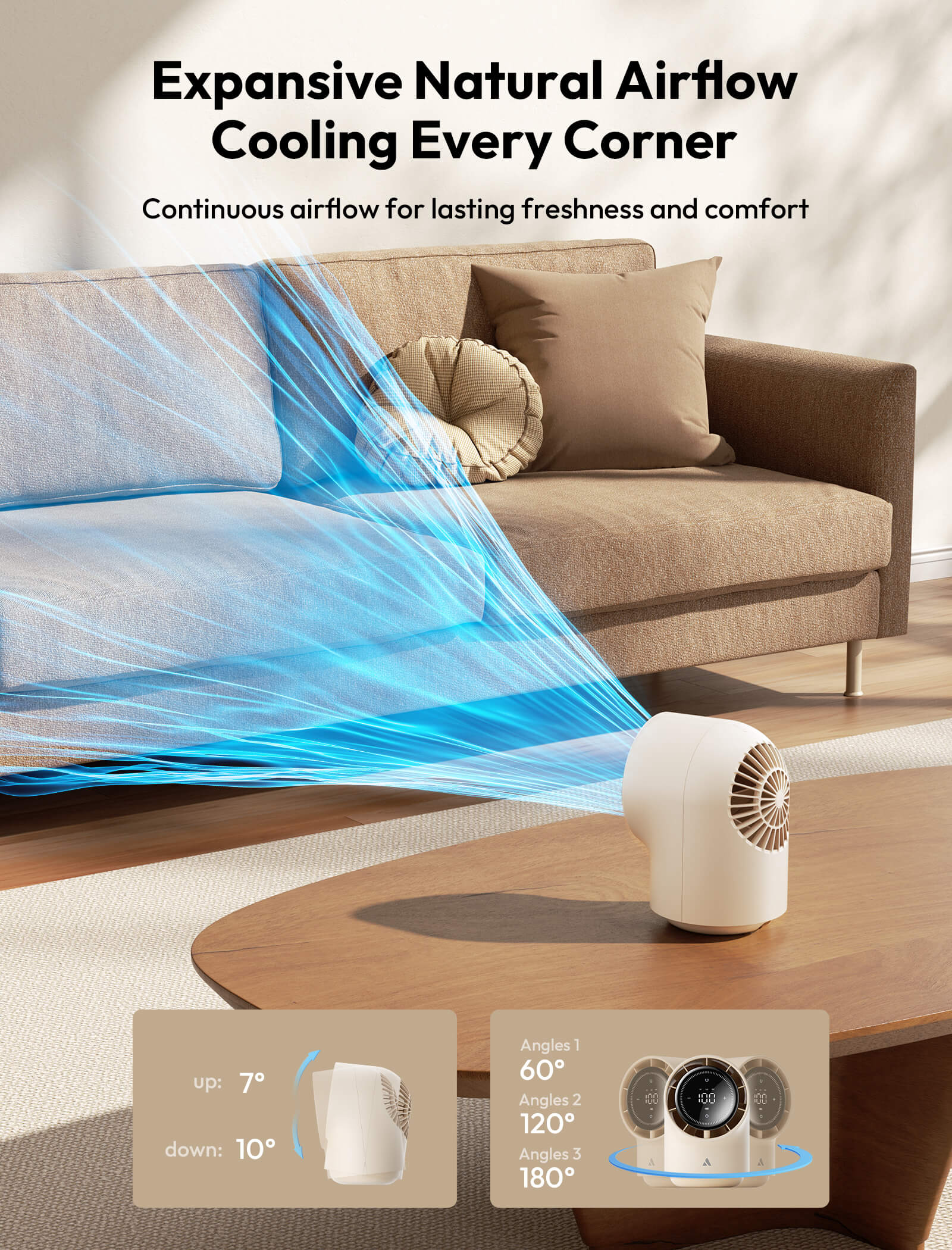 Air cooler on a table with blue airflow lines in a living room setting