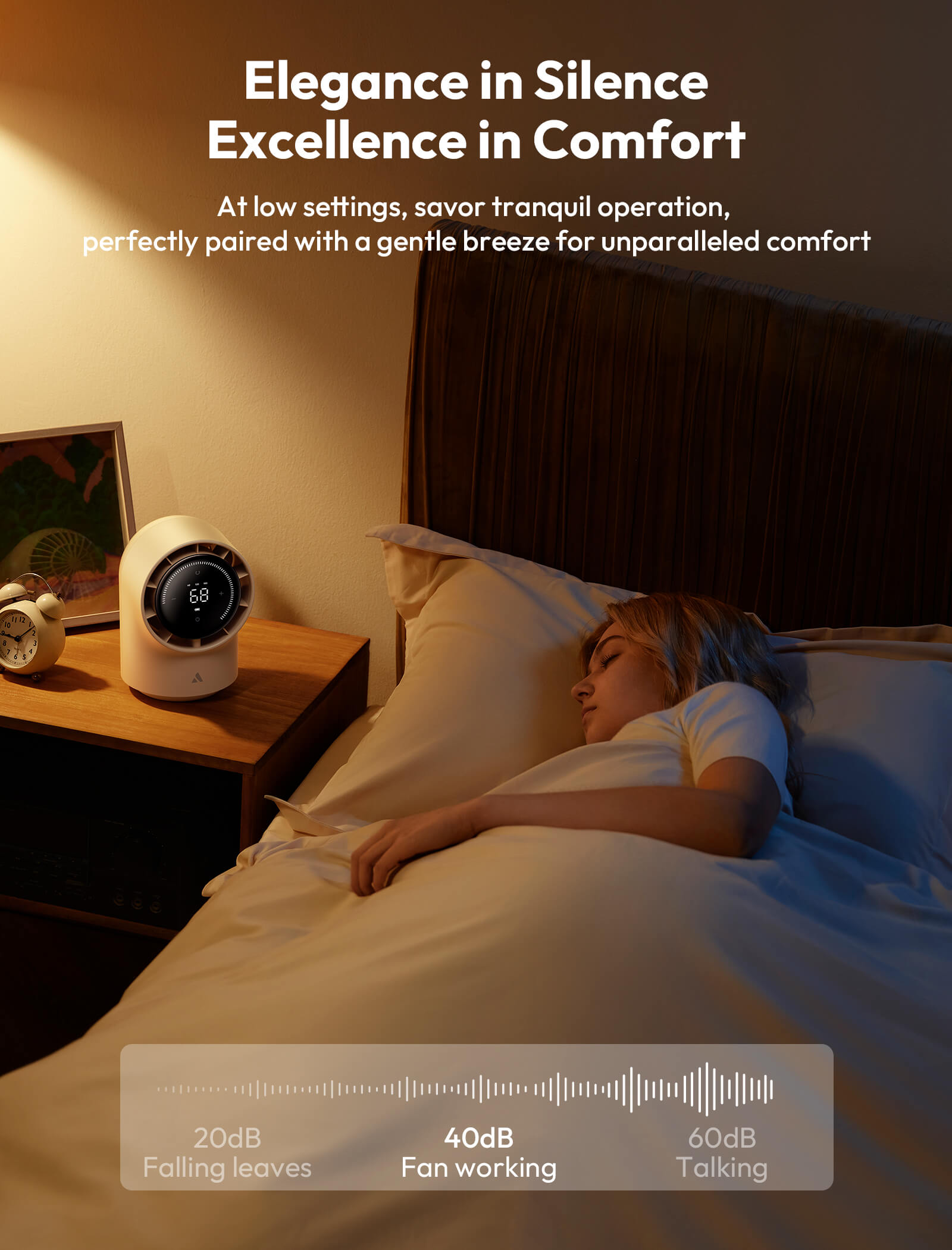 Woman sleeping in a bedroom with a white noise machine on a nightstand.