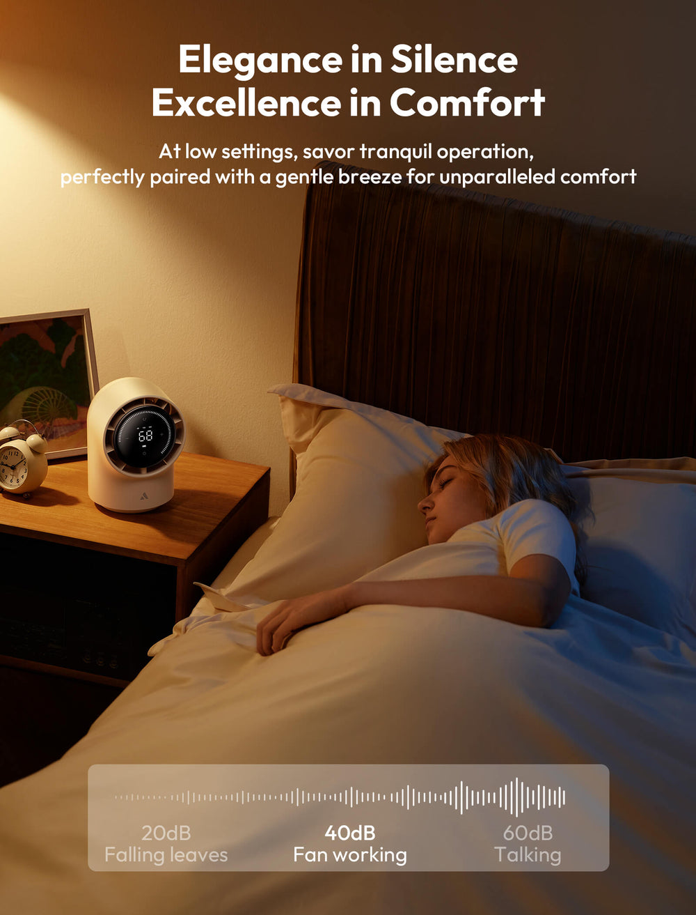 Woman sleeping in a bedroom with a white noise machine on a nightstand.