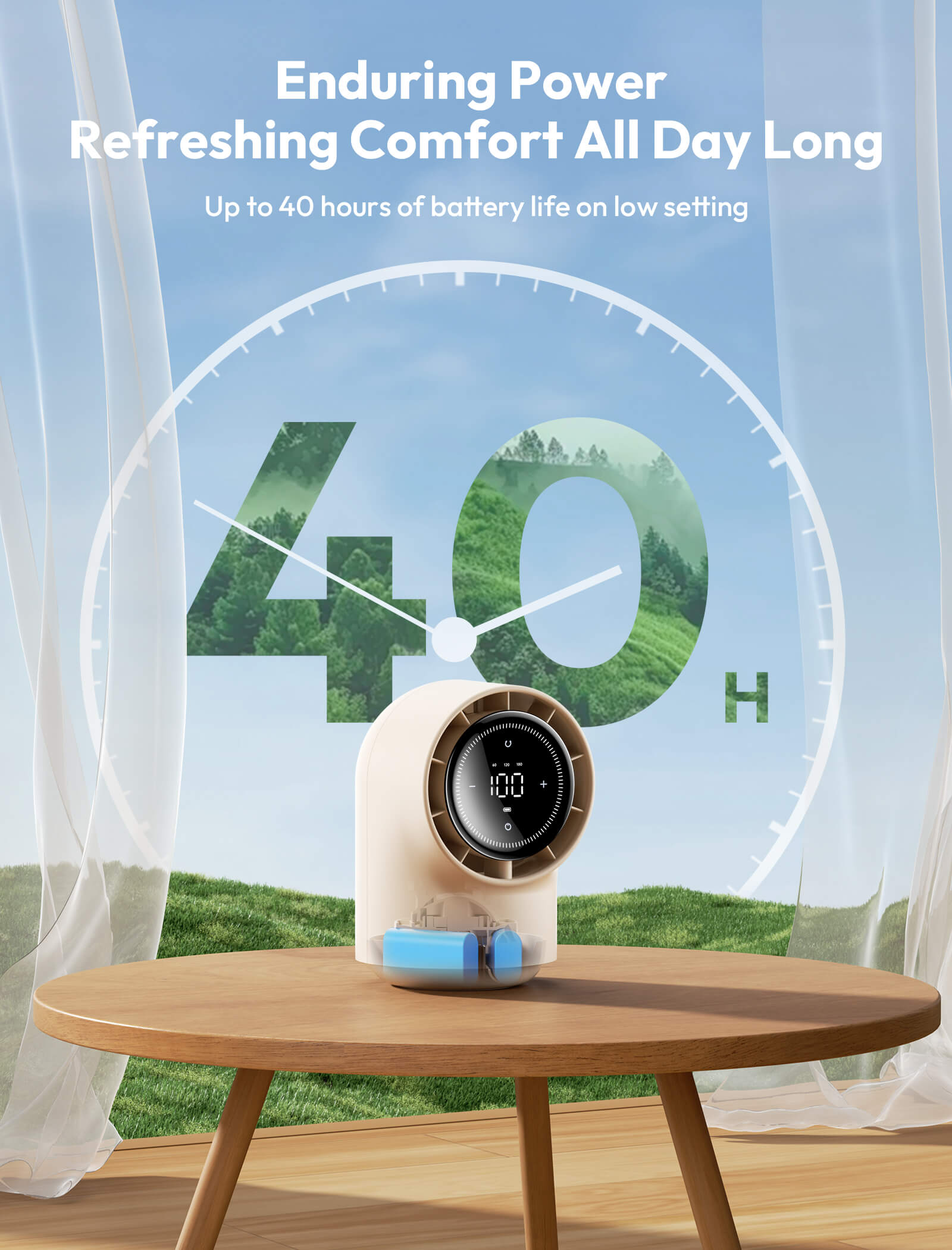 White air purifier on a wooden table with scenic background and text about battery life.