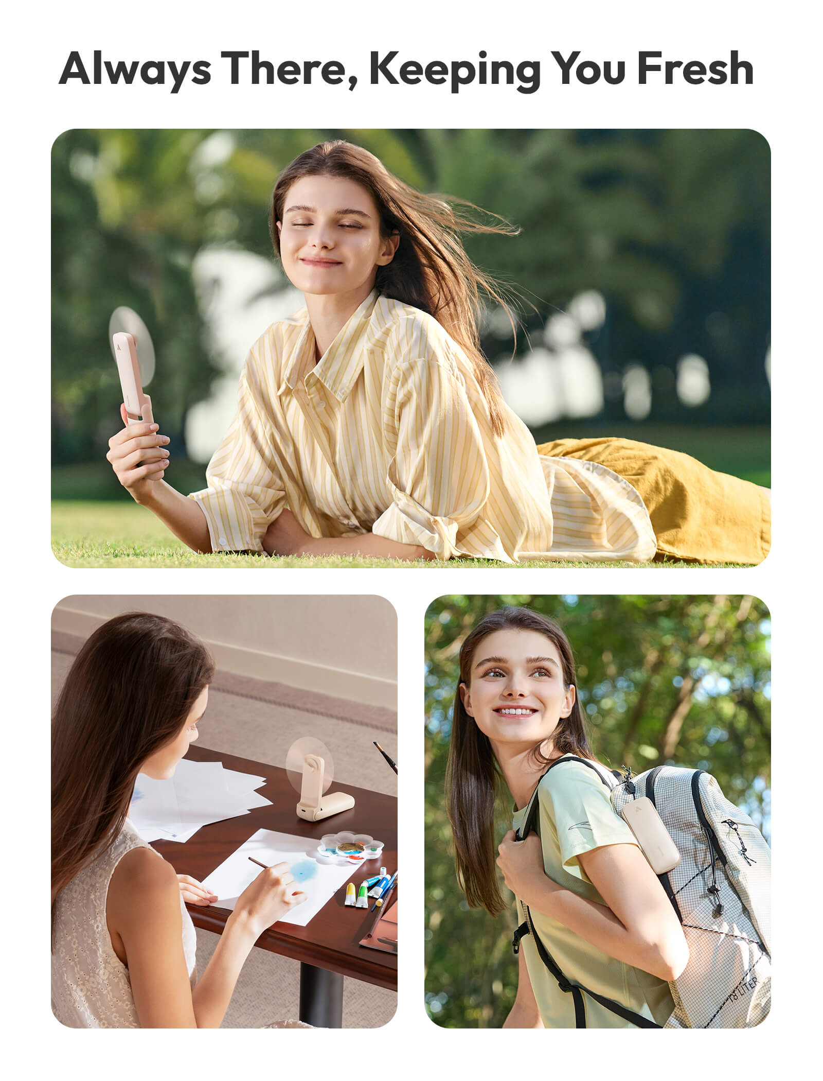 Woman in a park with text 'Always There, Keeping You Fresh' and scenes of her in different settings.
