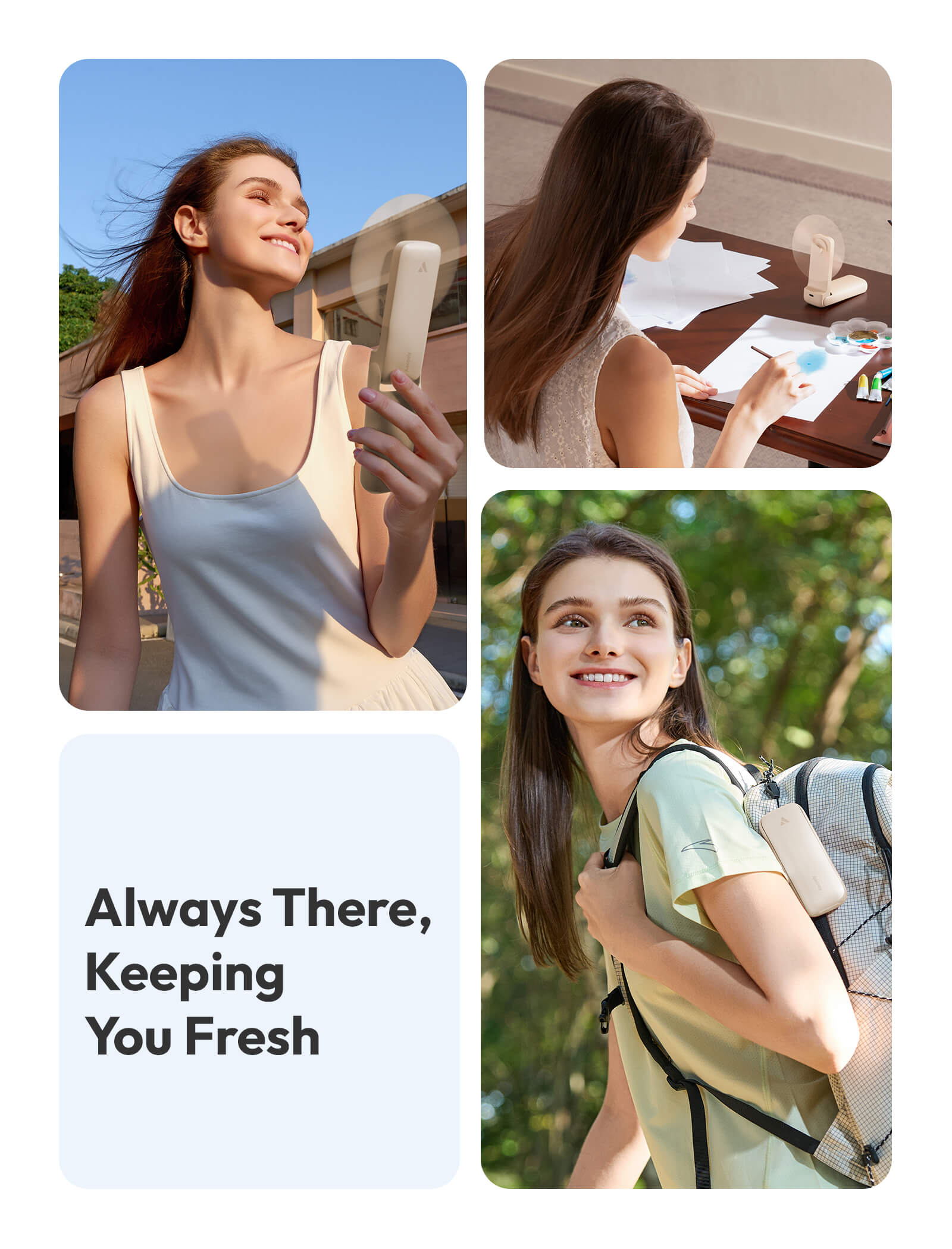 Collage of a woman with text 'Always There, Keeping You Fresh' in a promotional setting.