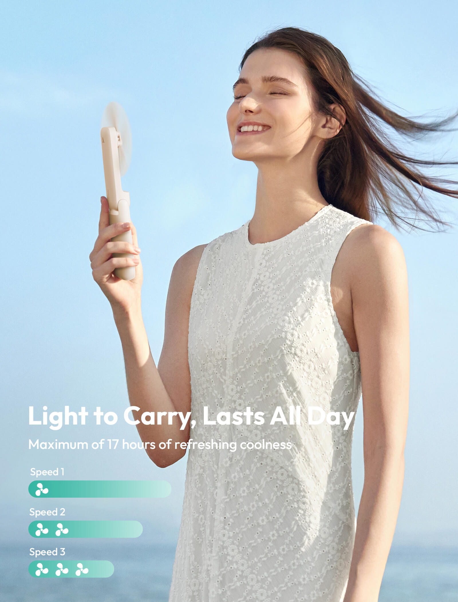 Woman holding a portable device with a blue sky background, featuring text about battery life.