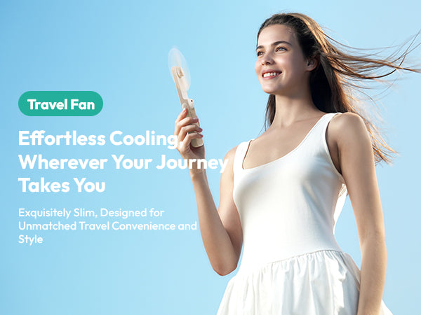 Woman holding a travel fan with promotional text on a blue background