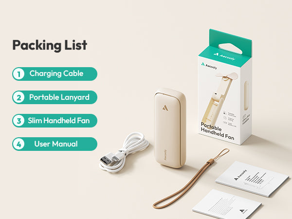 Portable handheld fan with packaging, charging cable, lanyard, and user manual on a light background