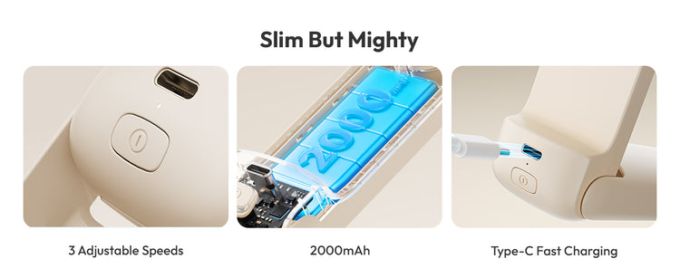 Product with features highlighted: 3 adjustable speeds, 2000mAh battery, and Type-C fast charging.