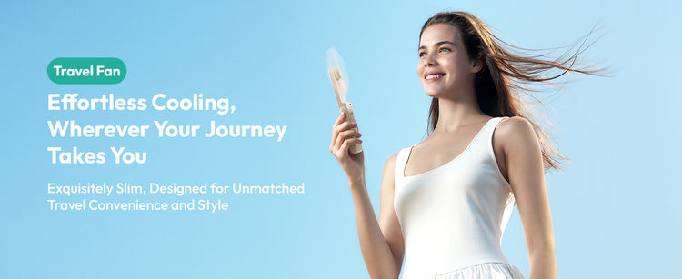 Woman holding a travel fan with promotional text on a blue background