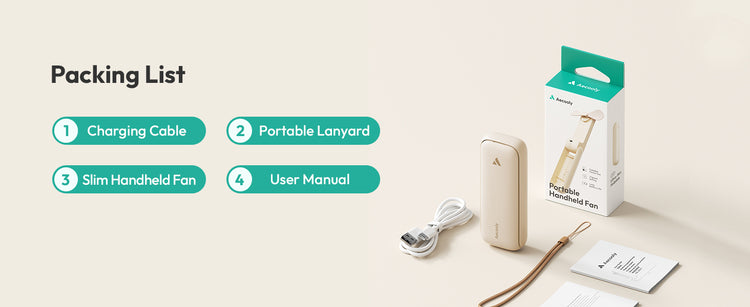 Packing list of a slim handheld fan with charging cable, portable lanyard, and user manual on a light background.