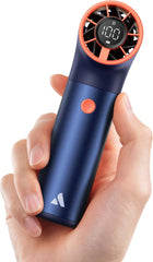 Hand holding a blue and orange handheld fan with digital display