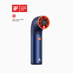 Blue and orange handheld fan device with digital display on a white background, featuring design awards logos.
