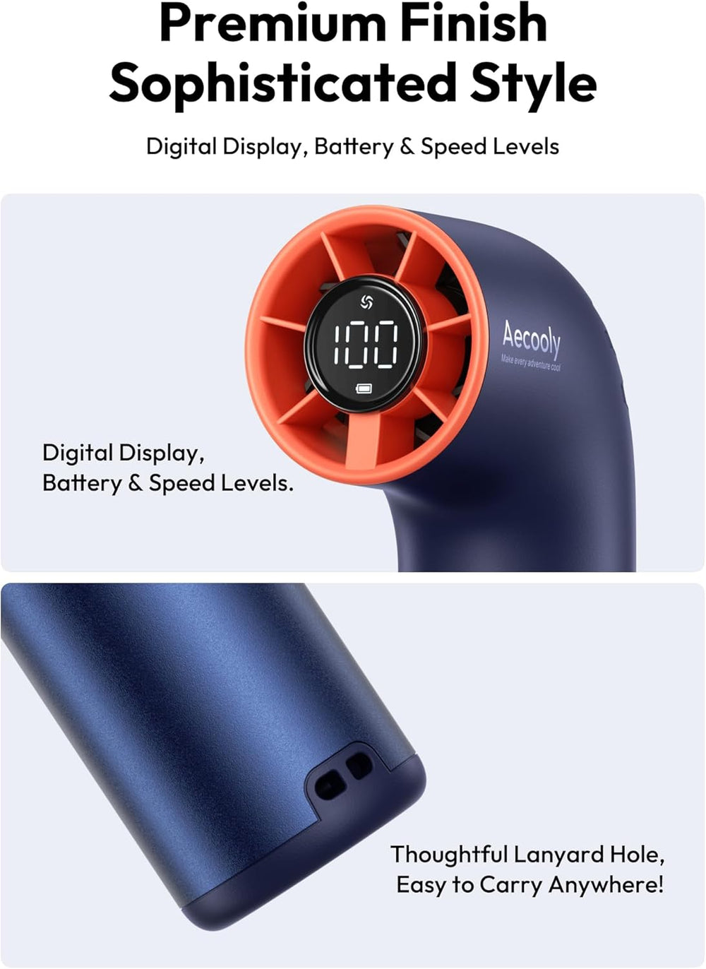 handhold fan with digital display and lanyard hole on a light blue background