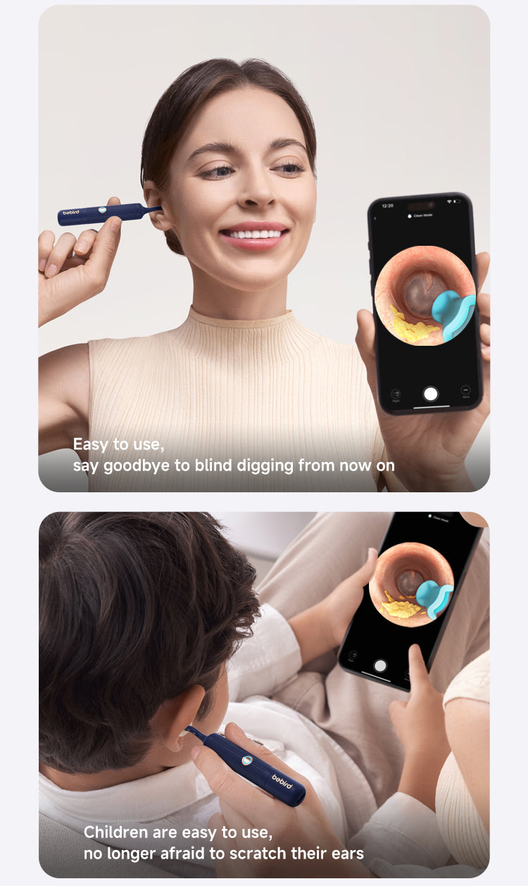 Woman using a smartphone bebird app to check ear health with a close-up of the app interface.