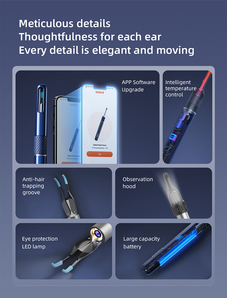 Bebird note5 pro ear cleaner features with text on a blue background