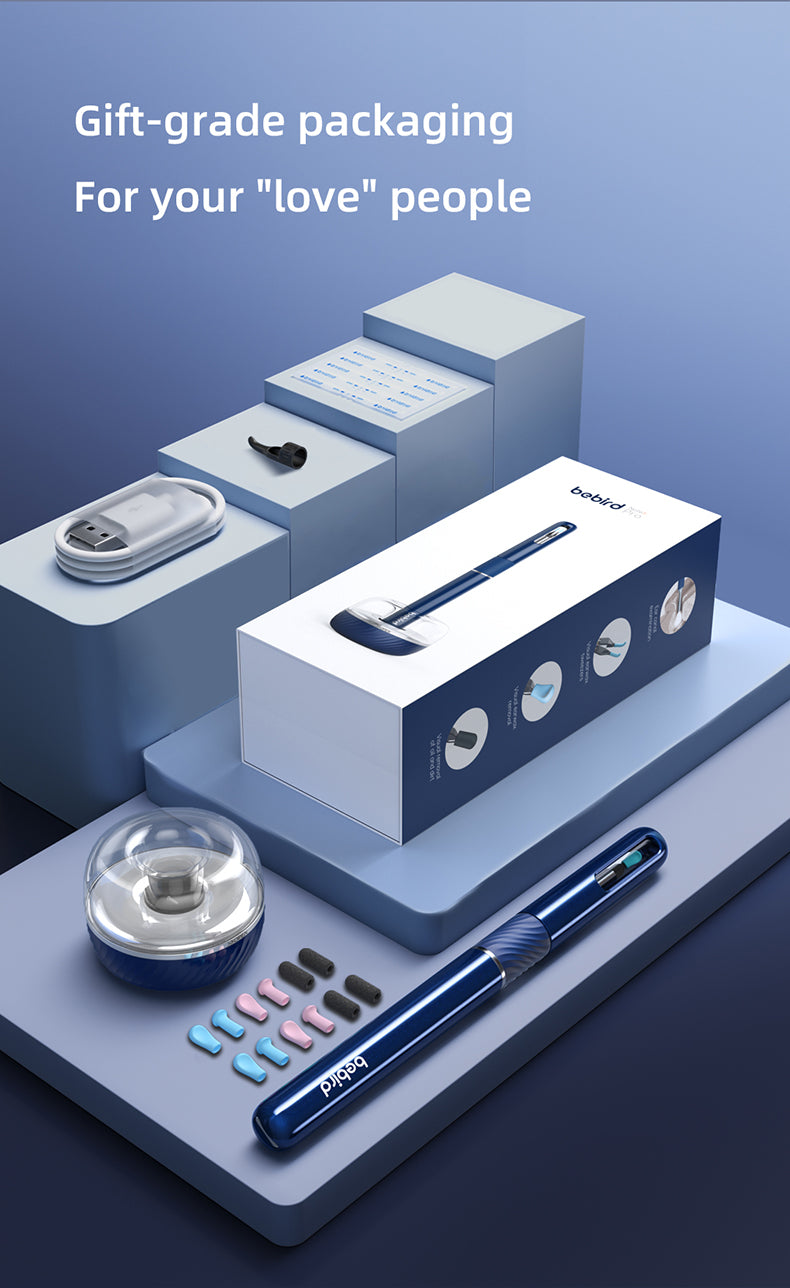 Gift-grade packaging with bebird electronic ear cleaner on a blue gradient background