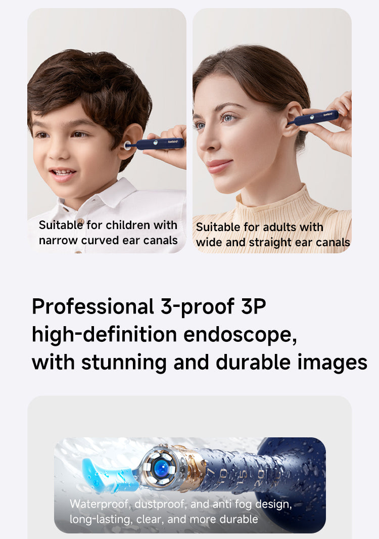 Two people using bebird ear cleaning tools with text indicating suitability for children and adults, and product features.