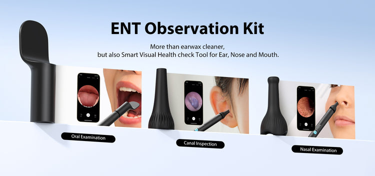 ENT Observation Kit with smartphone app for ear, nose, and mouth examinations on a light blue background.