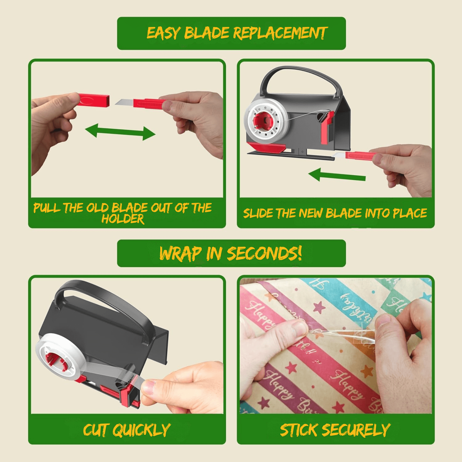Instructions for easy blade replacement on a beige background