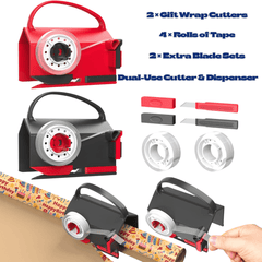 Gift wrap cutter with tape, blades, and a roll of paper on a white background