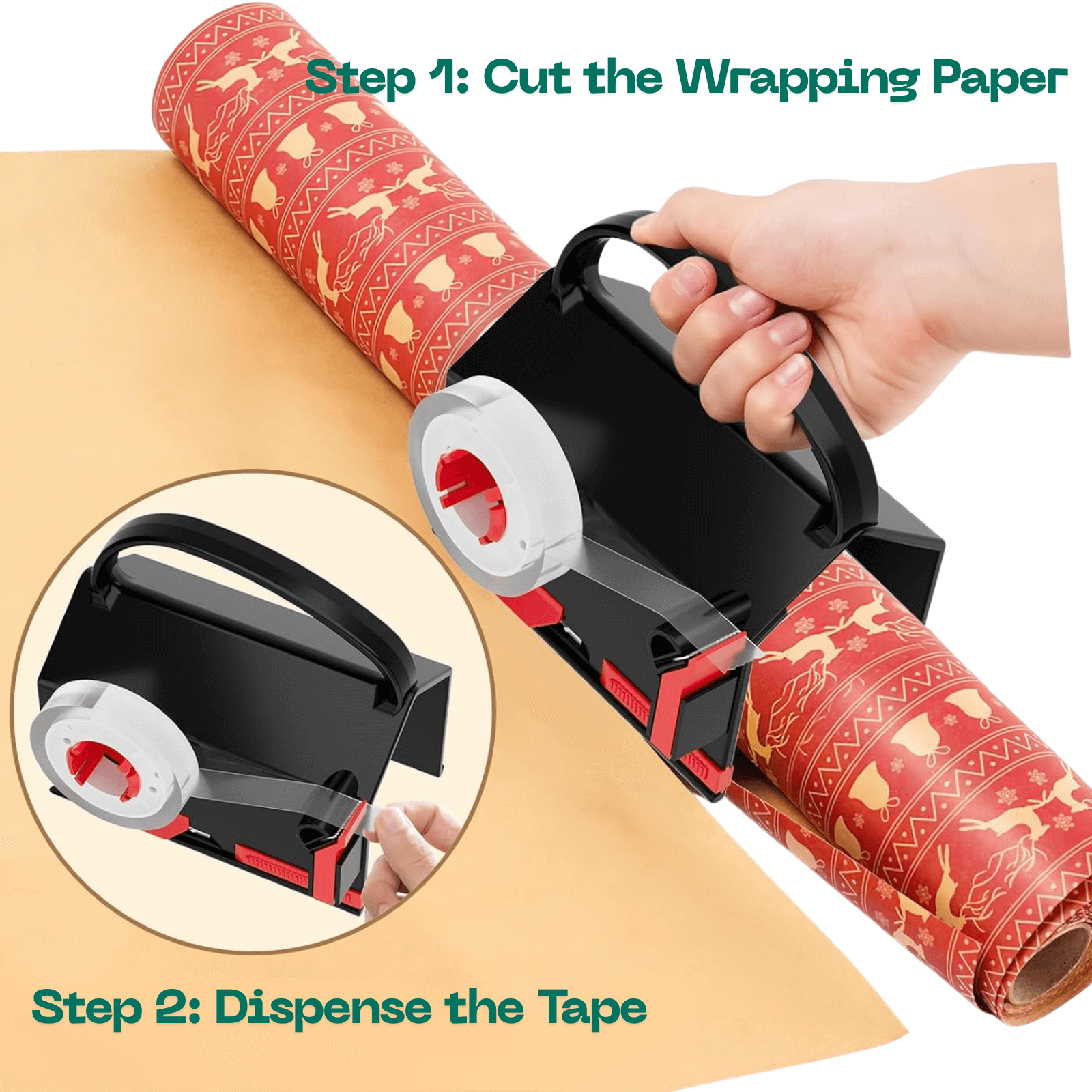 Wrap cutter being used to cut wrapping paper with text instructions on a beige background.