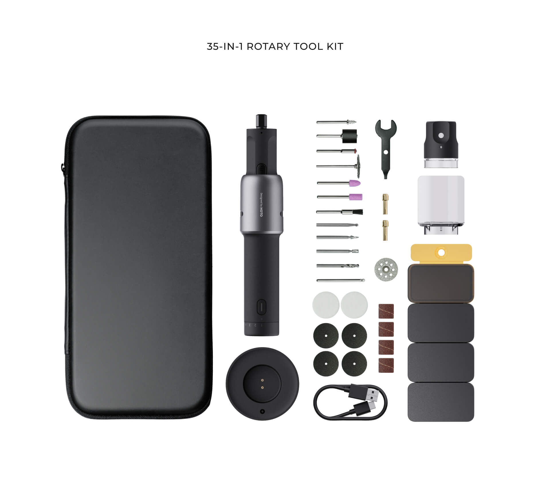 35-in-1 rotary tool kit with various attachments on a white background