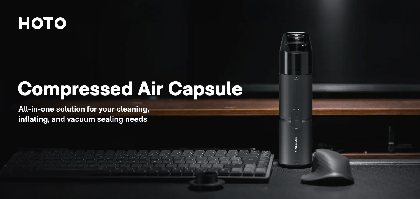 HOTO Compressed Air Capsule on a desk with text about its uses